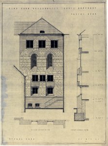 HUA-214648-Opstand dwars en hoogtedoorsnede van het ontwerp voor de restauratie van de achtergevel voor de St Paulusabdij Hamburgerstraat 28 Hofpoort te UtrechtN