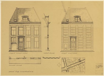HUA-206883-Opstand van de voorgevel van het huis Lange Nieuwstraat 20 te Utrecht in de bestaande en de nieuwe toestand met een horizontale en een verticale doors