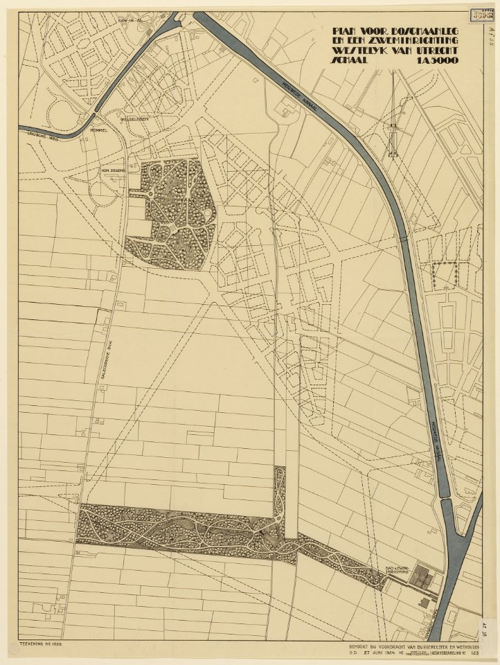 HUA-216084-Kaart van het gebied ten westen van de stad Utrecht gelegen tussen de Leidsche Rijn Jutphaseweg Merwedekanaal Galecopperdijk; met weergave van het ont