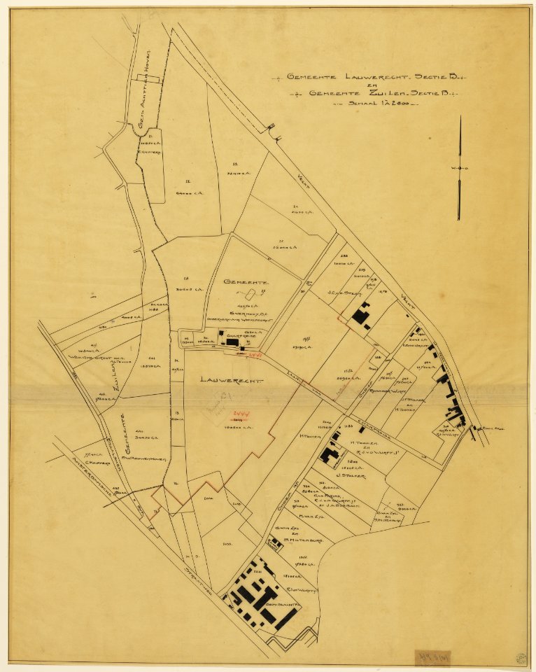 HUA-216064-Kadastraal uittreksel van de gemeenten Lauwerecht sectie B en Zuilen sectie B het terrein tussen de Vecht huidige Acaciastraat Amsterdamsestraatweg te