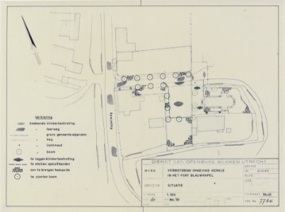 HUA-214614-Plattegrond van de ontworpen verbetering van de inrichting van het terrein rond het kerkje in het Fort Blauwkapel gemeente Utrecht Met legenda