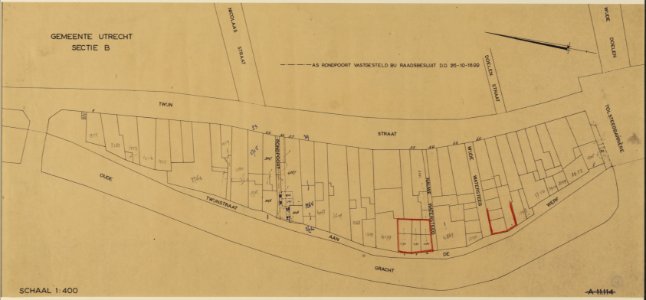HUA-214308-Kadastrale kaart van het terrein tussen de Twijnstraat en de Oudegracht Twijnstraat aan de Werf te Utrecht met aanduiding van straatnamen en een aanta