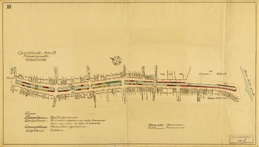 HUA-214269-Plattegrond van de Nieuwegracht te Utrecht met weergave van de percelen ged met werfkelders huis en kadastrale nummers en aanduiding in kleur van de g