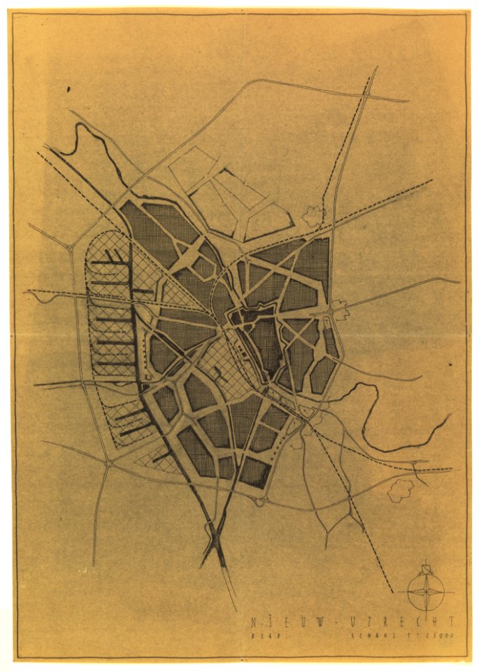 HUA-214190-Plattegrond van de gemeente Utrecht; met weergave van wegen spoorwegen en watergangenMet weergave van bestaande en geprojecteerde woon en industriegeb