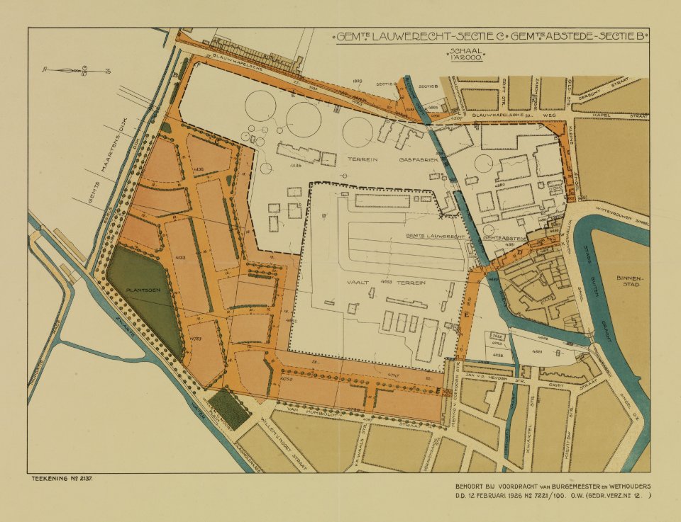 HUA-214170-Plattegrond van het terrein tussen de Blauwkapelseweg Kleine Singel Weerdsingel OZ Van Humboldtstraat Zwarte Water Ezelsdijk te Utrecht met weergave v