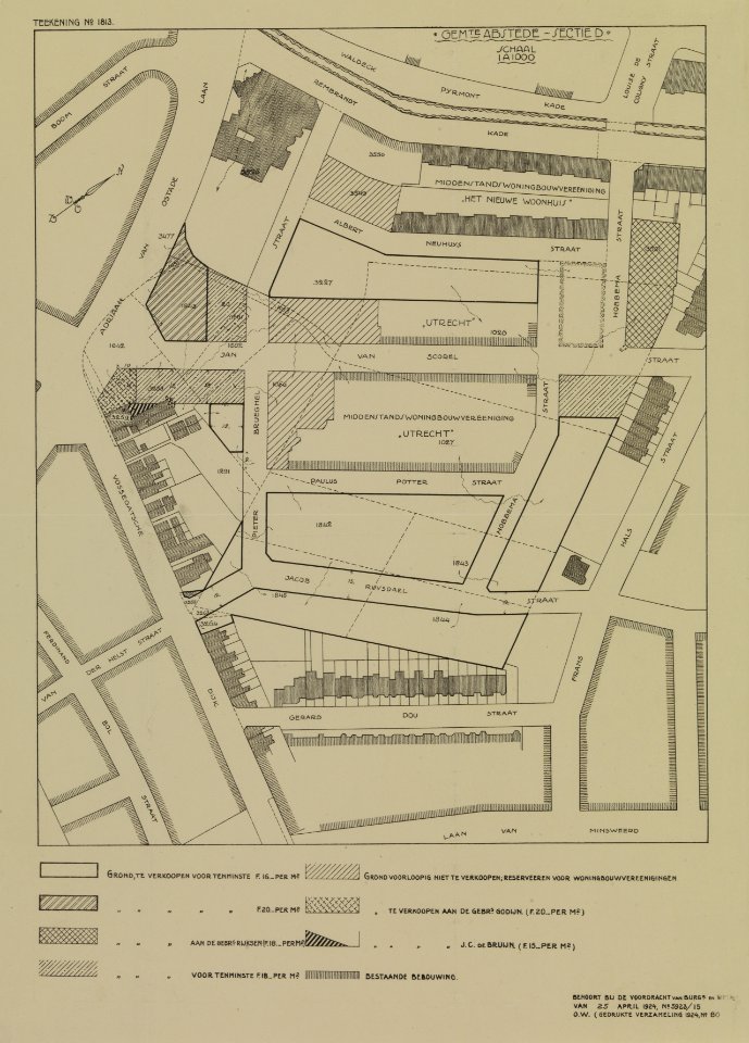 HUA-214165-Plattegrond van het terrein tussen de Minstroom Frans Halsstraat Laan van Minsweerd Vossegatsedijk Adriaen van Ostadelaan te Utrecht; met weergave van