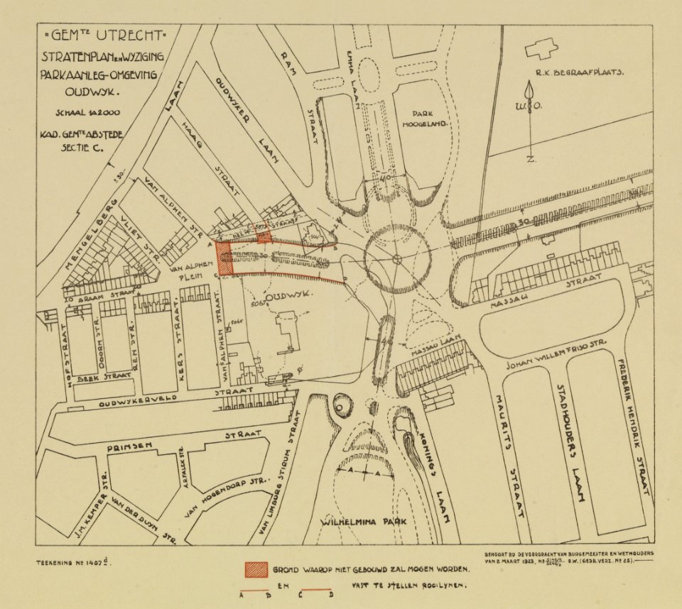 HUA-214161-Plattegrond van het het terrein tussen de Museumlaan Frederik Hendrikstraat Wilhelminapark Wolter Heukelslaan in de wijk Oudwijk te Utrecht; met weerg