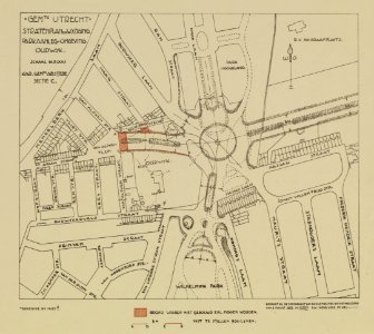 HUA-214161-Plattegrond van het het terrein tussen de Museumlaan Frederik Hendrikstraat Wilhelminapark Wolter Heukelslaan in de wijk Oudwijk te Utrecht; met weerg