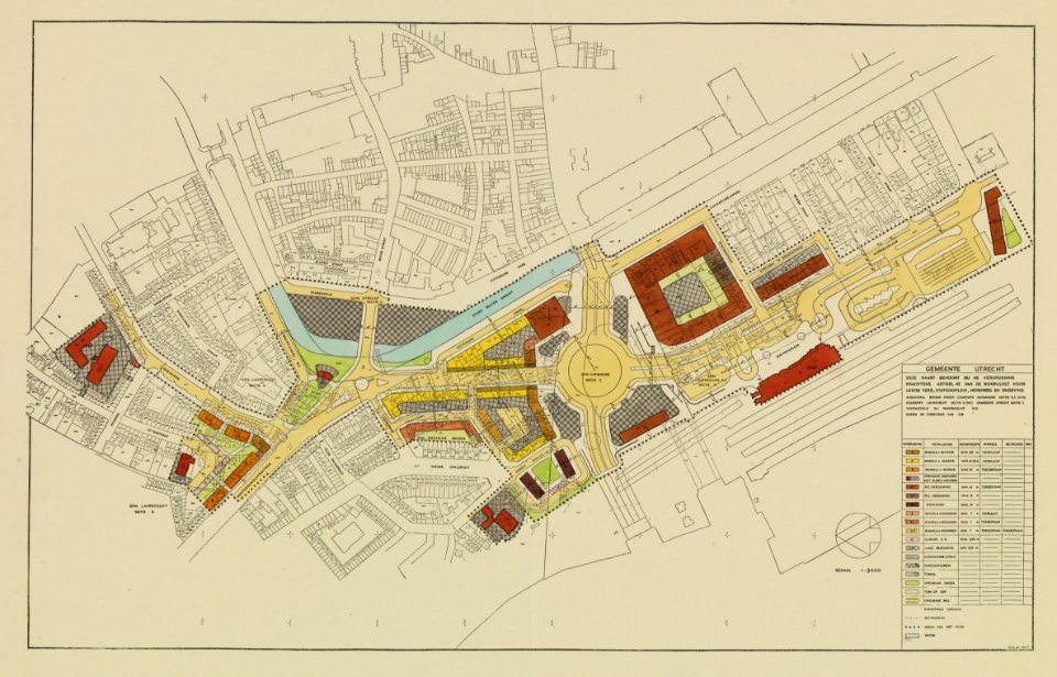 HUA-214110-Kaart van het stedebouwkundig ontwikkelingsplan voor het Leidseveer Stationsplein Herenweg en omgeving te Utrecht met weergave van bestaande en ontwor