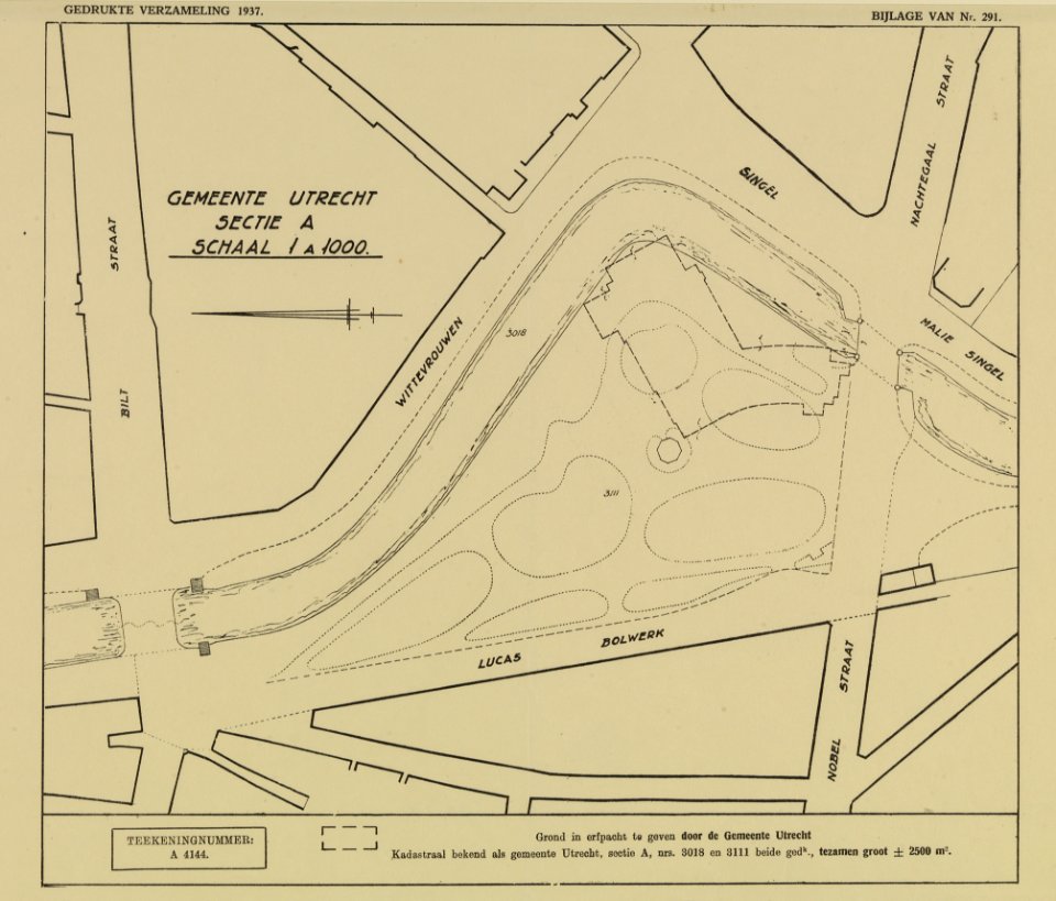 HUA-214089-Plattegrond van het plantsoen aan het Lucasbolwerk met Wittevrouwensingel en omliggende straten te Utrecht; met aanduiding van de locatie voor de nieu
