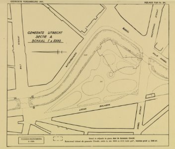 HUA-214089-Plattegrond van het plantsoen aan het Lucasbolwerk met Wittevrouwensingel en omliggende straten te Utrecht; met aanduiding van de locatie voor de nieu