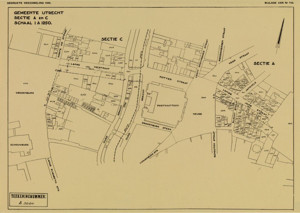HUA-214094-Kadastraal uittreksel van de gemeente Utrecht secties A en C het terrein tussen het Vredenburg en het Janskerkhof met aanduiding van de bestaande en n