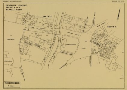 HUA-214094-Kadastraal uittreksel van de gemeente Utrecht secties A en C het terrein tussen het Vredenburg en het Janskerkhof met aanduiding van de bestaande en n