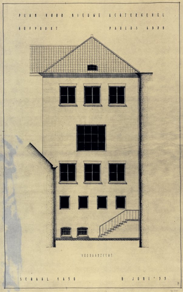 HUA-214647-Opstand van het ontwerp voor een nieuwe achtergevel voor de St Paulusabdij Hamburgerstraat 28 Hofpoort te UtrechtNB Het betreft een niet uitgevoerd on