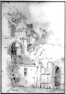 HUA-37065-Gezicht vanuit de kruisgang van de Domkerk te Utrecht op een gedeelte van het koor de archiefkamer en de meest noordelijke travee van de oostelijke ar