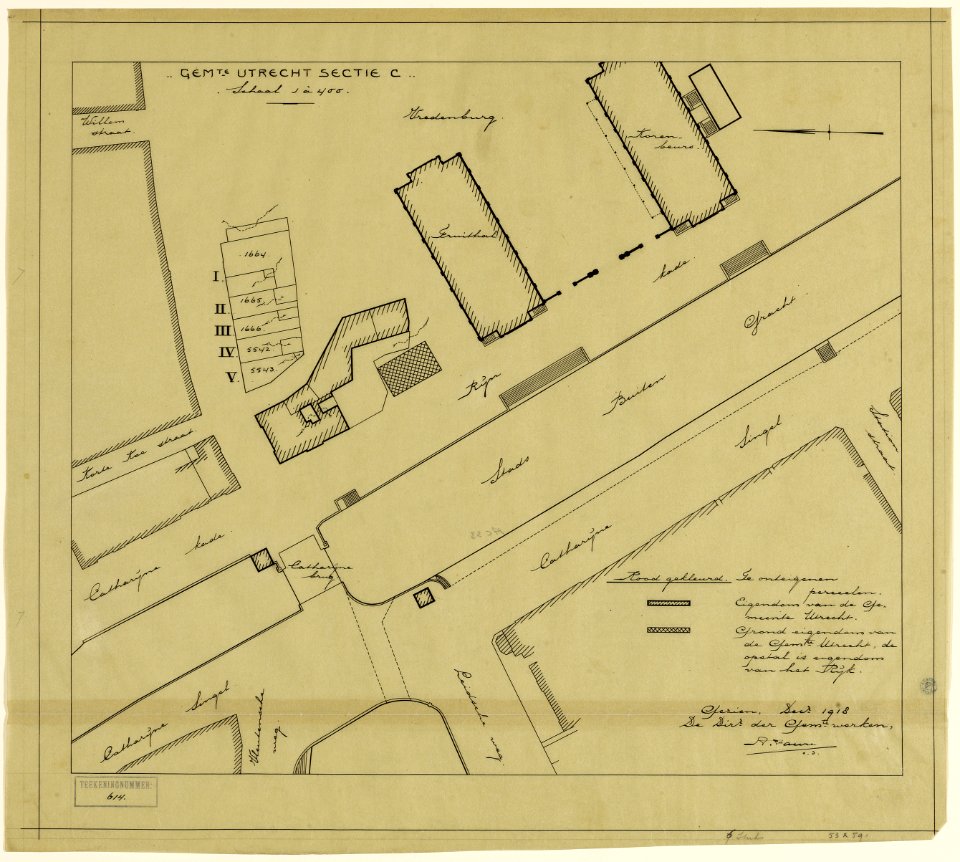HUA-216056-Kadastraal uittreksel van de gemeente Utrecht sectie C het terrein tussen het Vredenburg Catharijnesingel met weergave van straten met bebouwing waaro