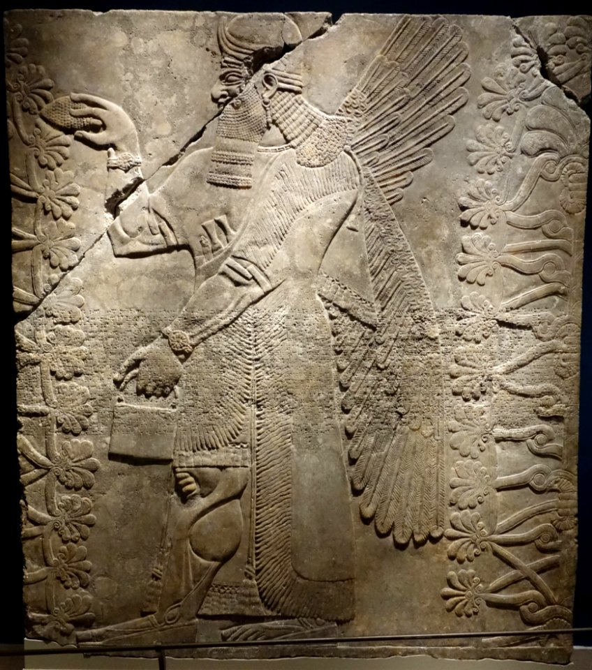 Human-headed Geni Holding a Basket and Cone - Room T, Northwest Palace, Nimrud (Kalhu), Iraq, Neo-Assyrian Period, reign of Ashur-nasir-pal II, c. 883-859 BC, alabaster - Brooklyn Museum - Brooklyn, NY - DSC08629