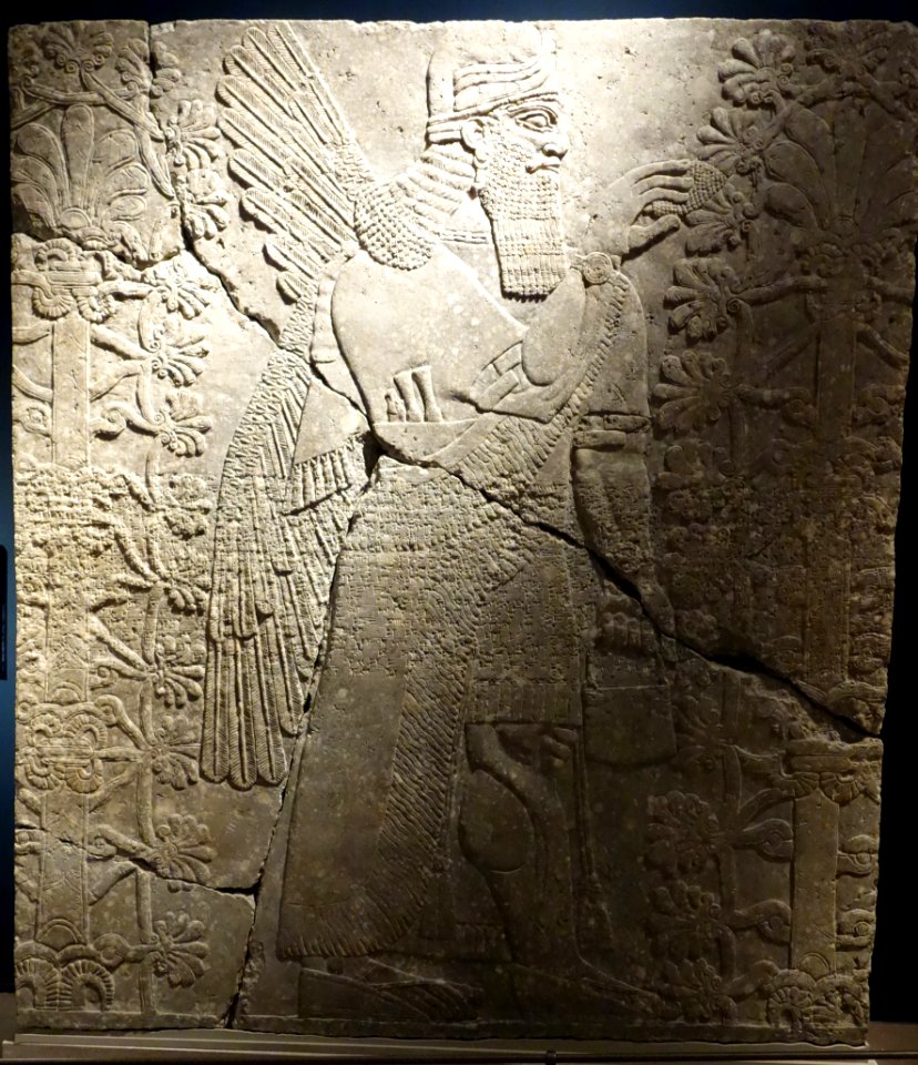 Human-headed Genie Sprinkling Pollen - Room T, Northwest Palace, Nimrud (Kalhu), Iraq, Neo-Assyrian Period, reign of Ashur-nasir-pal II, c. 883-859 BC, alabaster - Brooklyn Museum - Brooklyn, NY - DSC08626