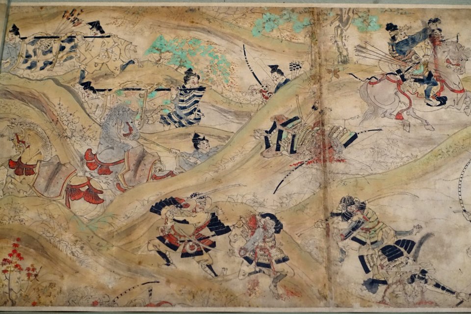 Illustrated scroll of Tale of Warrior Obusuma Saburo, 5 of 5, Japan, Kamakura period, 1200s AD, color on paper - Tokyo National Museum - Tokyo, Japan - DSC09342