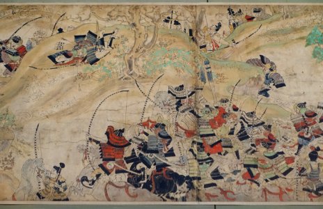 Illustrated scroll of Tale of Warrior Obusuma Saburo, 4 of 5, Japan, Kamakura period, 1200s AD, color on paper - Tokyo National Museum - Tokyo, Japan - DSC09341