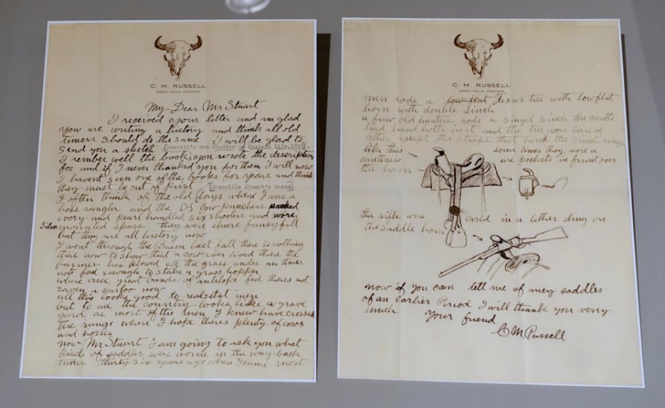 Illustrated letter from Charles M. Russell to Granville Stuart, with J. Frank Dobie's typed manuscript notes, 1916 - Harry Ransom Center - University of Texas at Austin - DSC08512