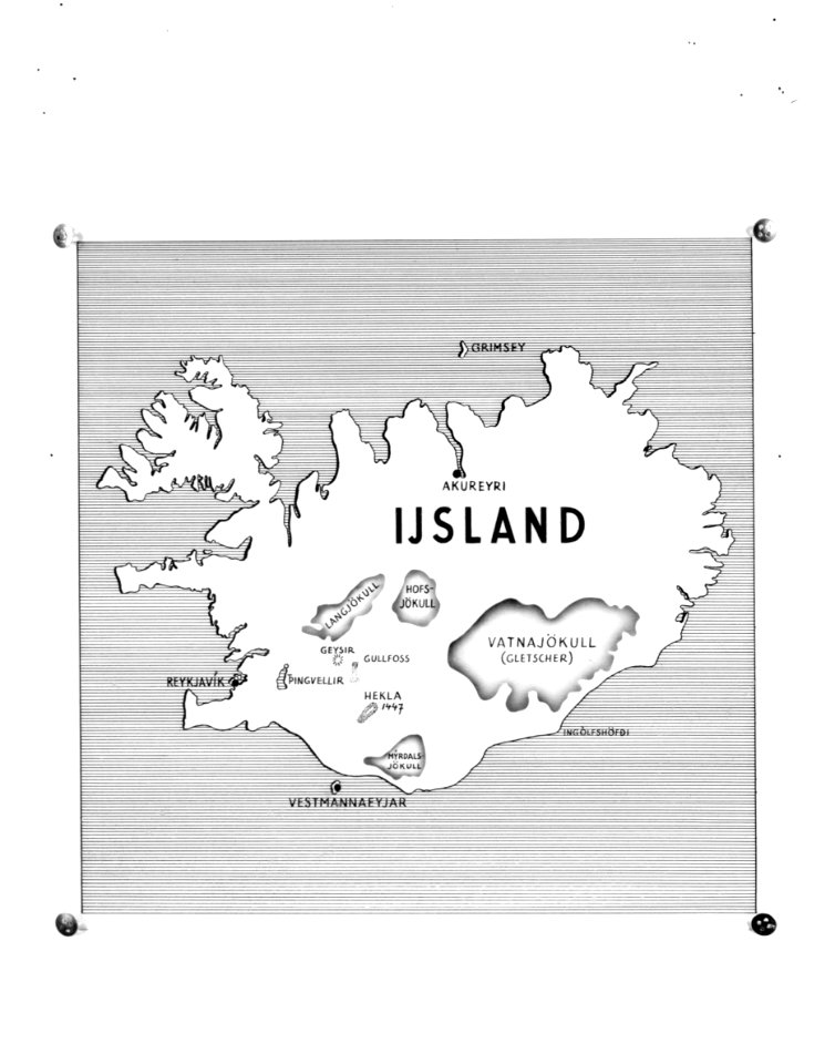 IJsland Overzichtskaartje van het eiland met plaatsen en gebieden die door de f, Bestanddeelnr 190-0487