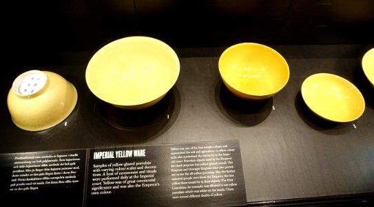 Imperial yellow ware bowls, China, 5&6 Qing dynasty, Kangxi period, 7 Ming dynasty, Hongzhi period, 3 Qing dynasty, Qianlong period, all porcelain - Östasiatiska museet, Stockholm - DSC09493