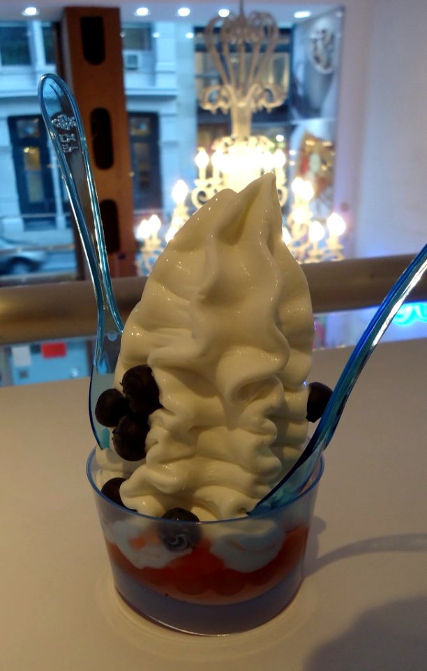 Ice cream or yogurt dessert in a shop in Manhattan in December