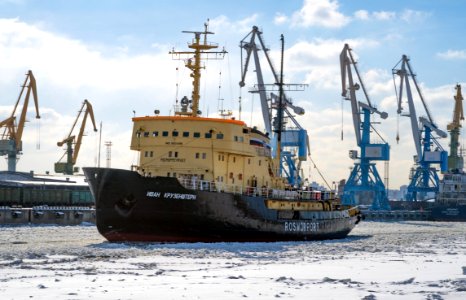 Icebreaker “Ivan Kruzenstern” near Kanonerskiy island in Saint Petersburg