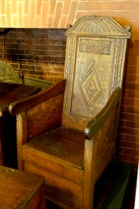Joined great chair owned by Michael Metcalf, school teacher, made in Dedham, dated 1652 - Dedham Historical Society - Dedham Massachusetts - DSC04228