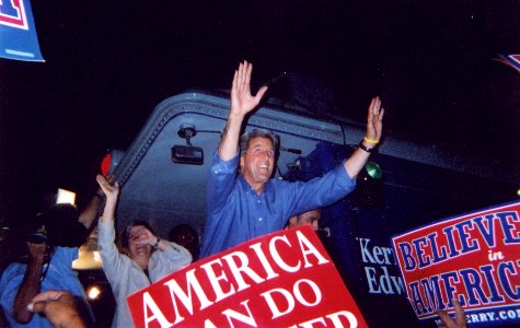 John Kerry on Caboose during 2004 Presidential Campaign Whistle Stop at La Posada Hotel, Winslow, AZ
