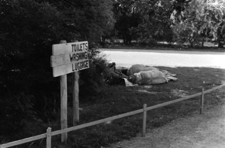 Jeugdige toeristen slapen in Vondelpark, Amsterdam, slapers bij bord voor toilet, Bestanddeelnr 924-7139