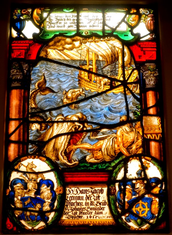 Jonah and the Whale, by Hans Dantzler, Swiss, Zurich, 1615, pot metal, glass with silver stin, enamel, sanguine - Princeton University Art Museum - DSC06681