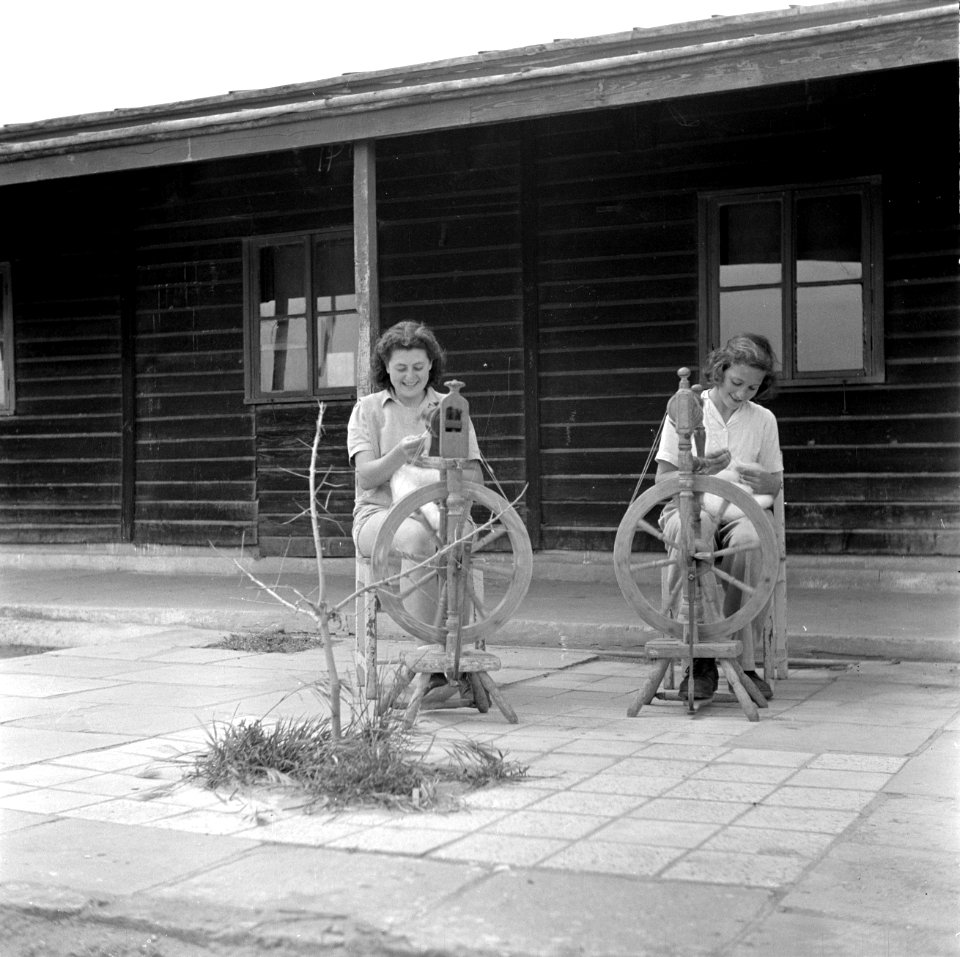Jonge vrouwen leren spinnen in de weverij van het kinderdorp Ben Shemen, Bestanddeelnr 255-0506