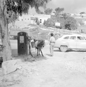 Jongen met een bepakte ezel bij een benzinepomp, Bestanddeelnr 255-3292 photo