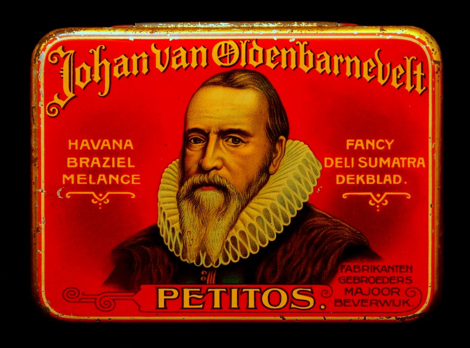 Johan van Oldenbarnevelt Petitos sigaren blik, Havana Braziel melange, Fancy Deli Sumatra dekblad, Gebroeders Majoor, Beverwijk, foto 1