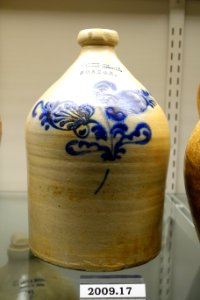 Jug by Martin Crafts, Massachusetts, 1850-1857, salt-glazed stoneware, cobalt blue enamel, item HD 2009.17 - Flynt Center of Early New England Life - Deerfield, Massachusetts - DSC04199