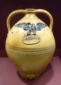 Jug made for Anthony Hathaway (1799-1863), Julius Norton Pottery, c. 1840s, salt-glazed stoneware with applied eagle, impressed, cobalt decoration - Bennington Museum - Bennington, VT - DSC09037