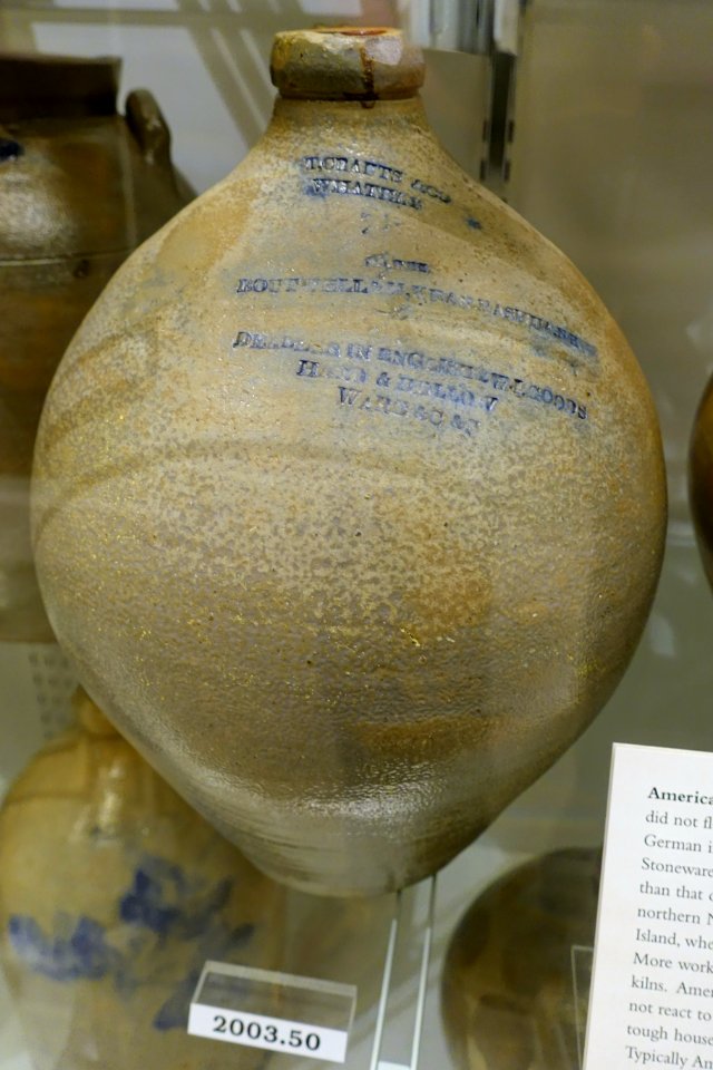 Jug by Thomas Crafts, Whately MA, 1835-1861, salt-glazed stoneware, cobalt enamel oxide, Albany slip, item HD 2003.50 - Flynt Center of Early New England Life - Deerfield, Massachusetts - DSC04232