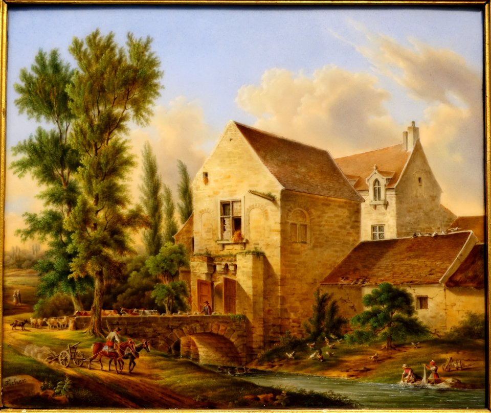 Joseph Fischer, Landscape view with manor on a river bank, undated, enamel on porcelain - Villa Vauban - Luxembourg City - DSC06509