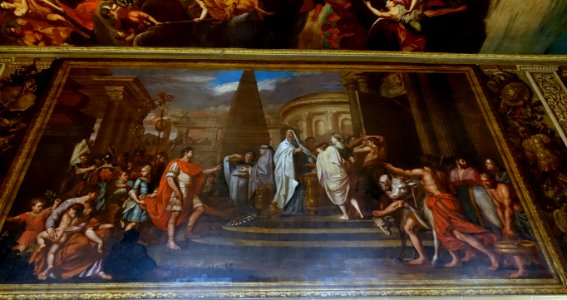Julius Caesar sacrificing before going to the Senate, by Louis Laguerre, 1692-1694, oil on plaster - Entrance Hall, Chatsworth House - Derbyshire, England - DSC03002