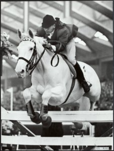 Jumping Amsterdam 1965 in de RAI te Amsterdam. Ruiter Anton Ebben tijdens een sp, Bestanddeelnr 135-0965