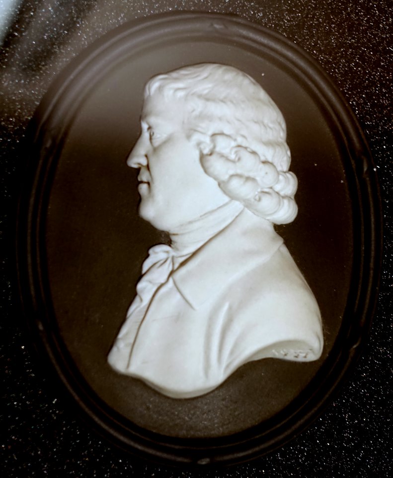 Josiah Wedgwood by William Hackwood, 20th century copy of 1782 original, black jasper, white relief - Wedgwood Museum - Barlaston, Stoke-on-Trent, England - DSC09563