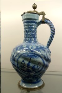 Jug with landscape cartouche, Nuremberg, 1740, earthenware - Stadtmuseum Fembohaus - Nuremberg, Germany - DSC02280
