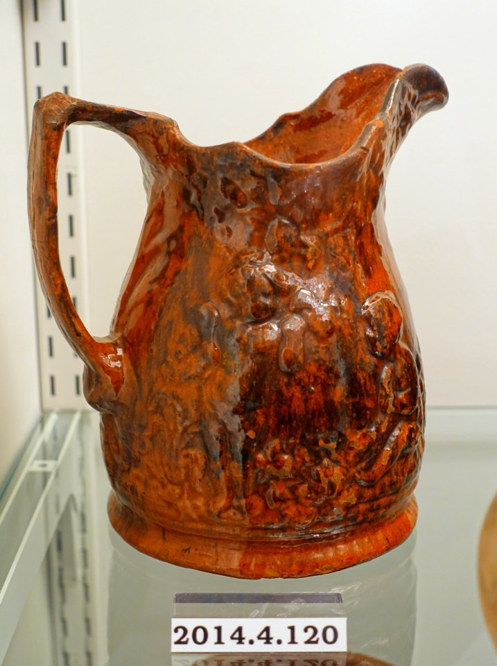 Jug, Pennsylvania, c. 1850, molded lead-glazed redware, manganese oxide, item HD 2014.4.120 - Flynt Center of Early New England Life - Deerfield, Massachusetts - DSC04102