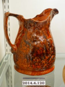 Jug, Pennsylvania, c. 1850, molded lead-glazed redware, manganese oxide, item HD 2014.4.120 - Flynt Center of Early New England Life - Deerfield, Massachusetts - DSC04102