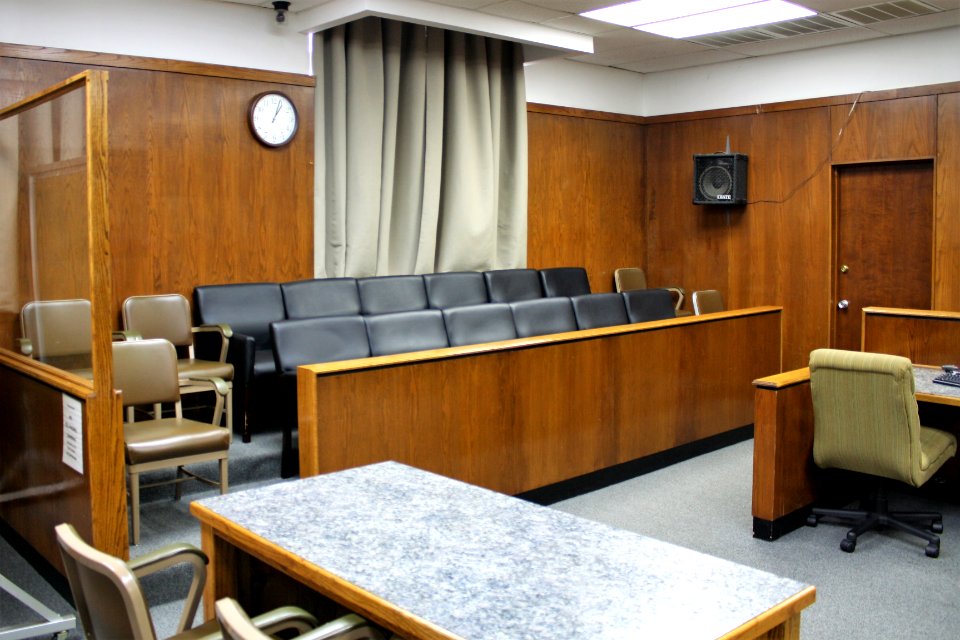 Jury box in the courtroom of the Van Buren County Courthouse in Clinton, Arkansas