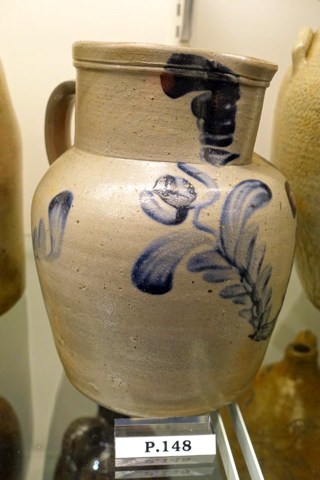 Jug, Philadelphia or Baltimore, 1840-1870, salt-glazed stoneware, underglaze cobalt enamel, Albany slip, item HD P.148 - Flynt Center of Early New England Life - Deerfield, Massachusetts - DSC04208