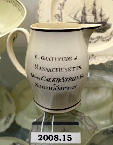 Jug with Caleb Strong thanks, Liverpool, England, c. 1816, transferware (creamware), HD 2008.15 - Flynt Center of Early New England Life - Deerfield, Massachusetts - DSC04583