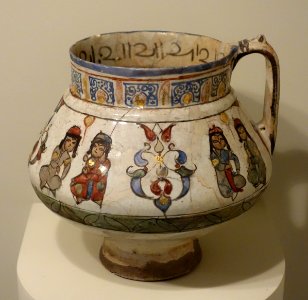 Jug with seated figures, Mina'i ware,Central Iran, Seljuk period, late 12th or early 13th century AD, earthenware with polychrome enamels and gold over a white glaze and colors - Cincinnati Art Museum - DSC04001